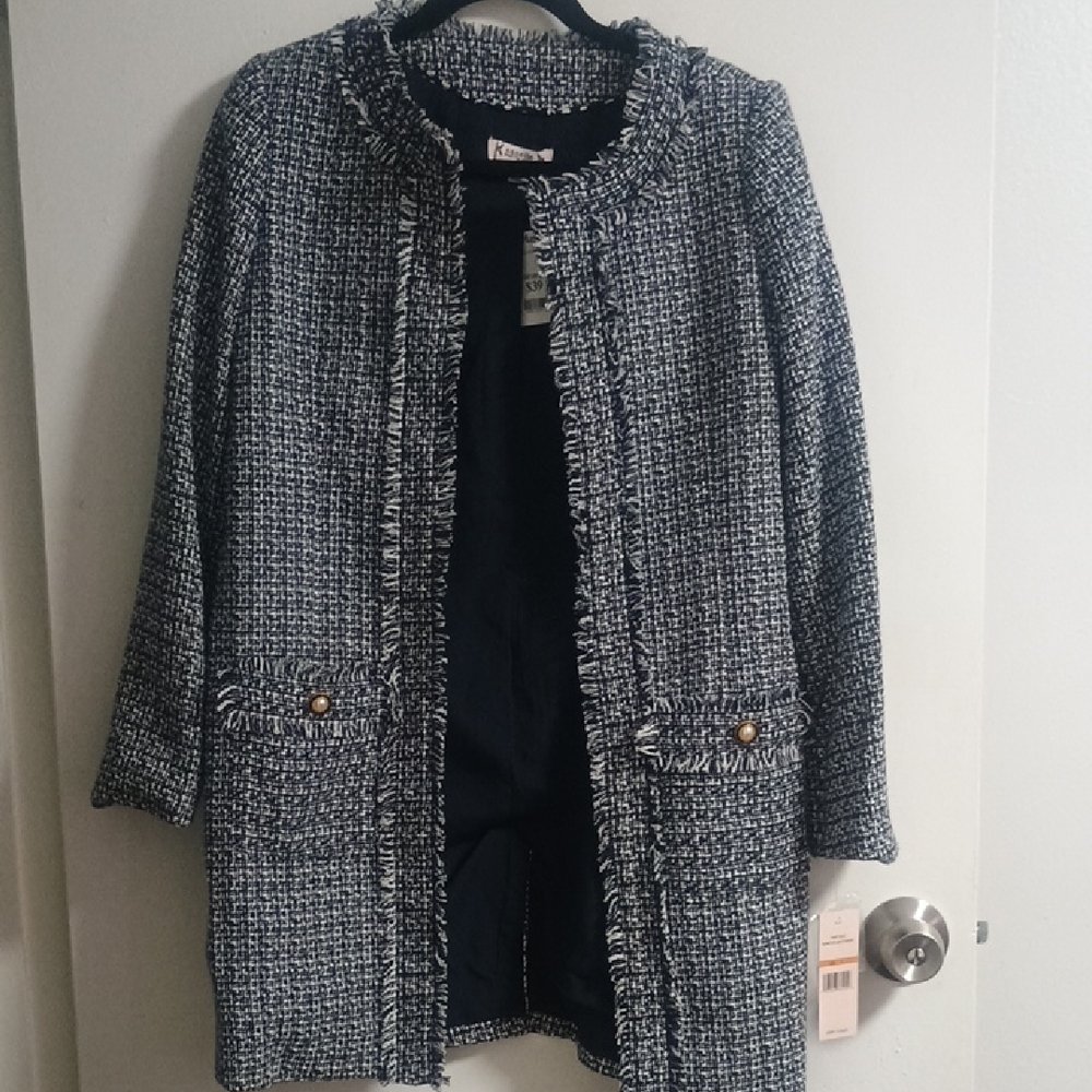 Nanette Lepore Navy and White Tweed Open Front Jacket